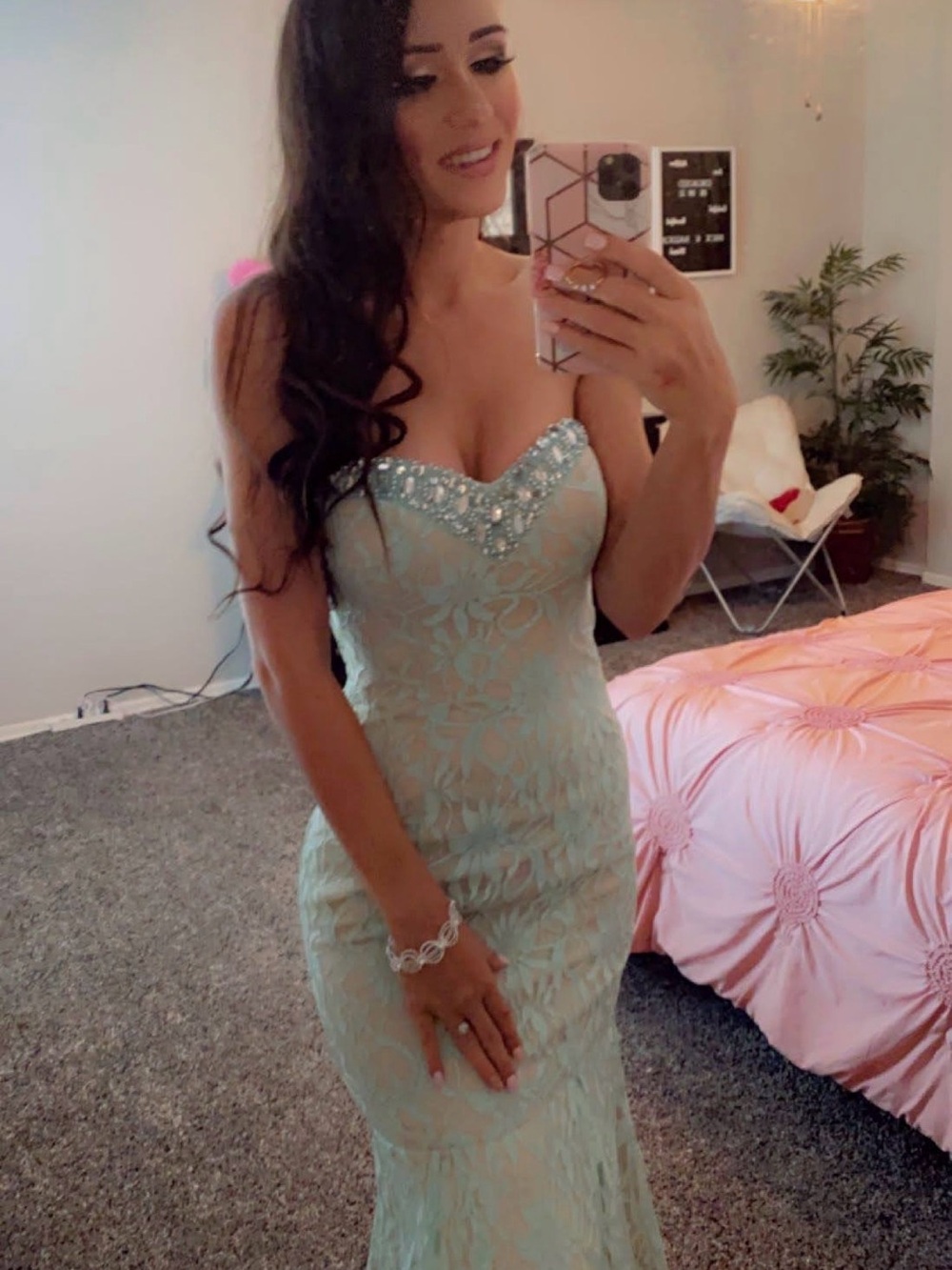 Strapless Mint Lace Evening Gown with Crystal Accents